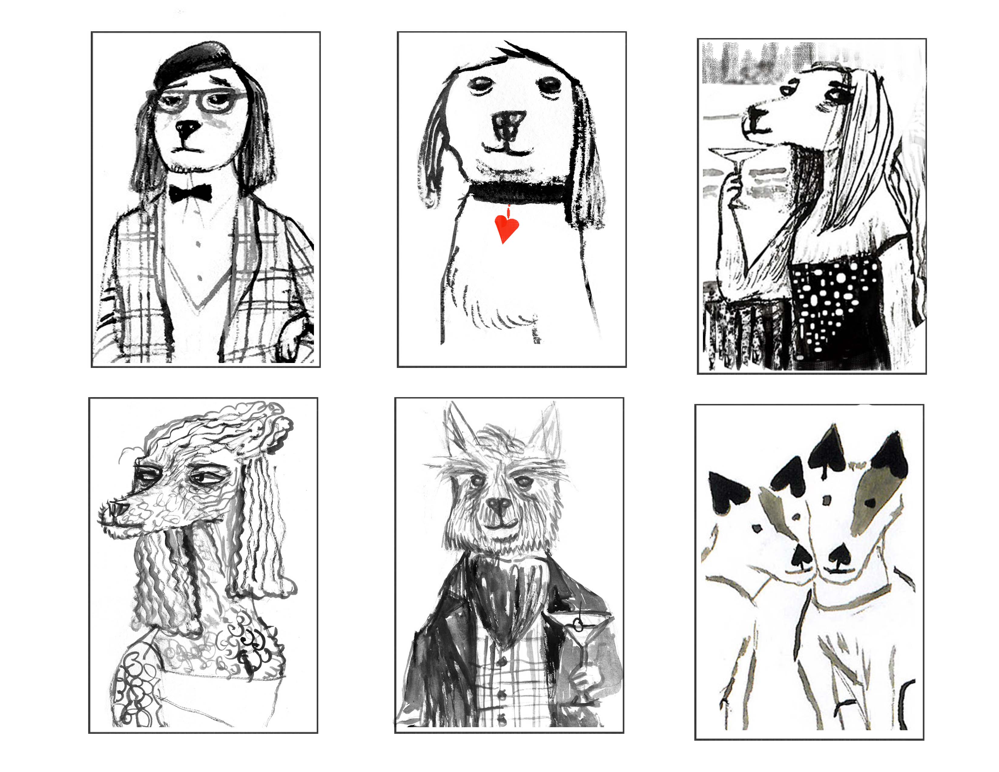A grid of six hand-drawn dog portraits — dogs depicted as Manhattan characters, an original illustration commissioned for the site