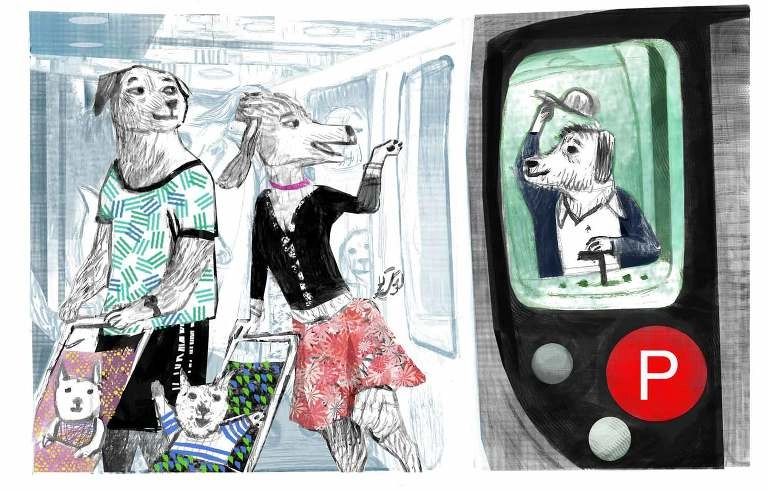 Illustrated dogs riding the New York City subway — a brand mark drawn for Paw Prints NYC