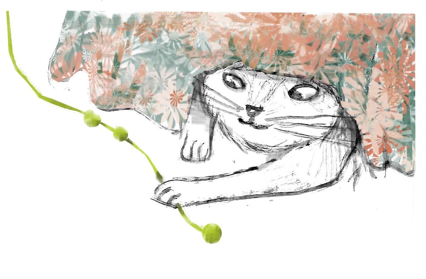 Illustration of a cat lounging at home near floral pattern with a green cat toy